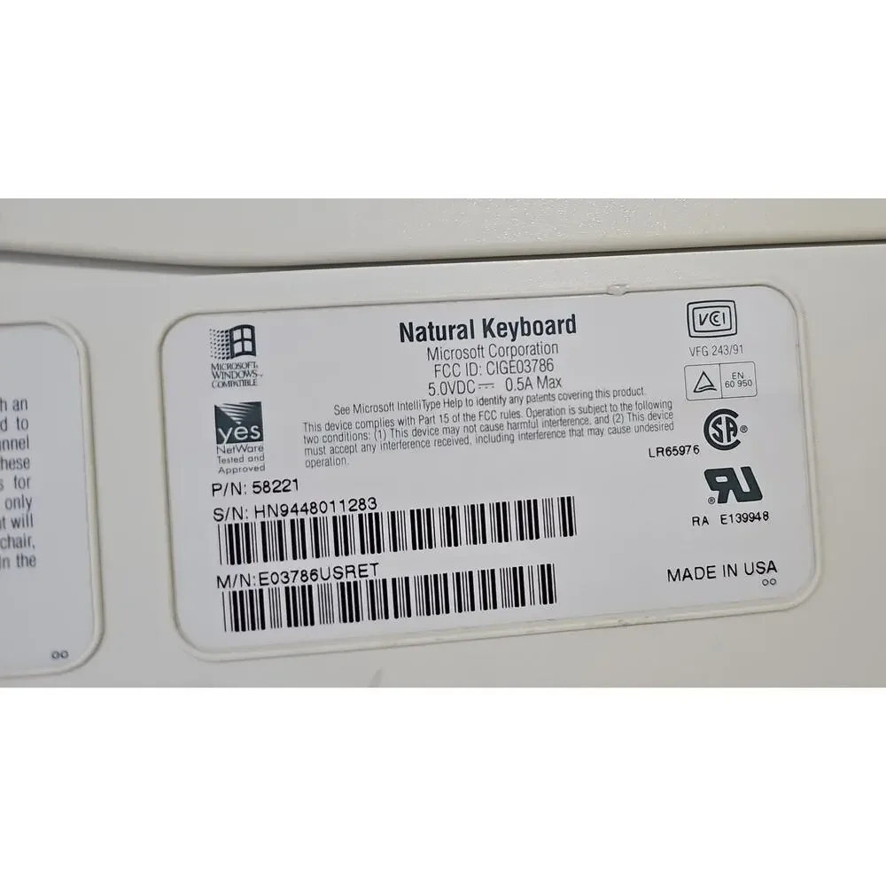 Vintage Microsoft Ergonomic Natural Keyboard 58221 Made in USA Windows